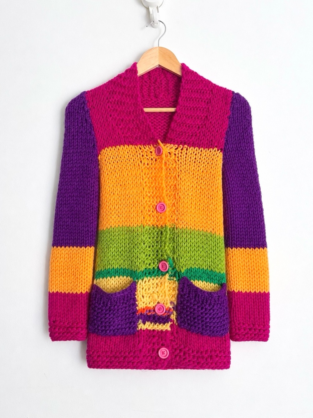 Vintage Hand Knit Colorblock Cardigan Pink Buttons Maximalist XS